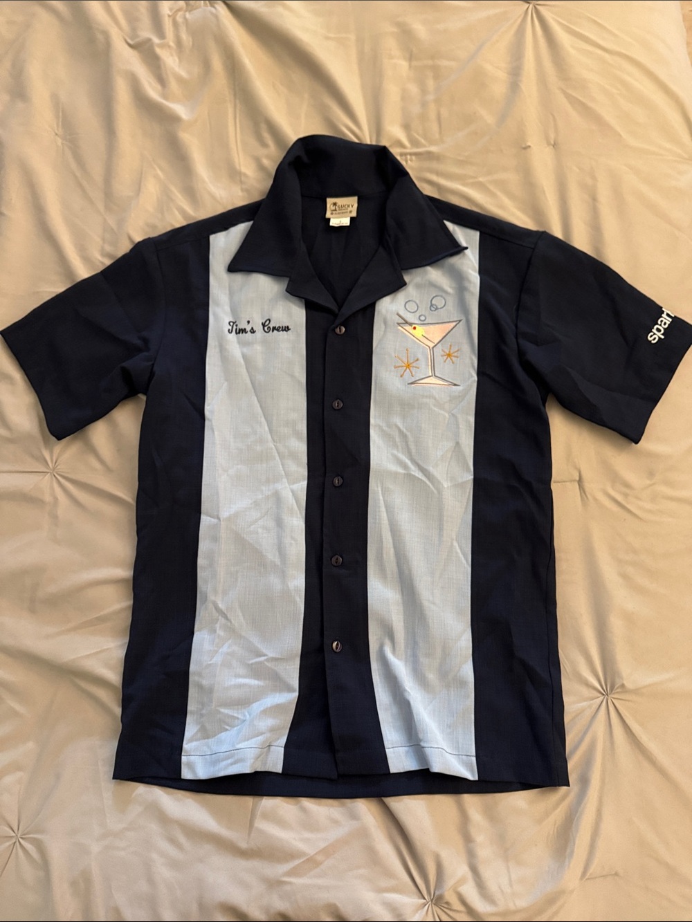 Vintage-Style Men's Navy and Light Blue Bowling Shirt with Embroidered Martini